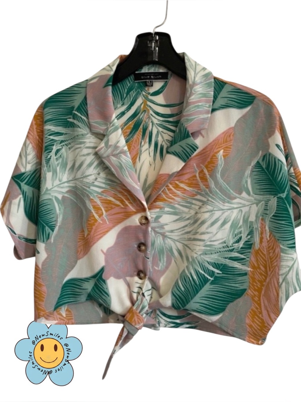 Blue Blush ~ Tie Front ~ Crop Top ~ Multicolored Tropical Plants ~ Sz Large